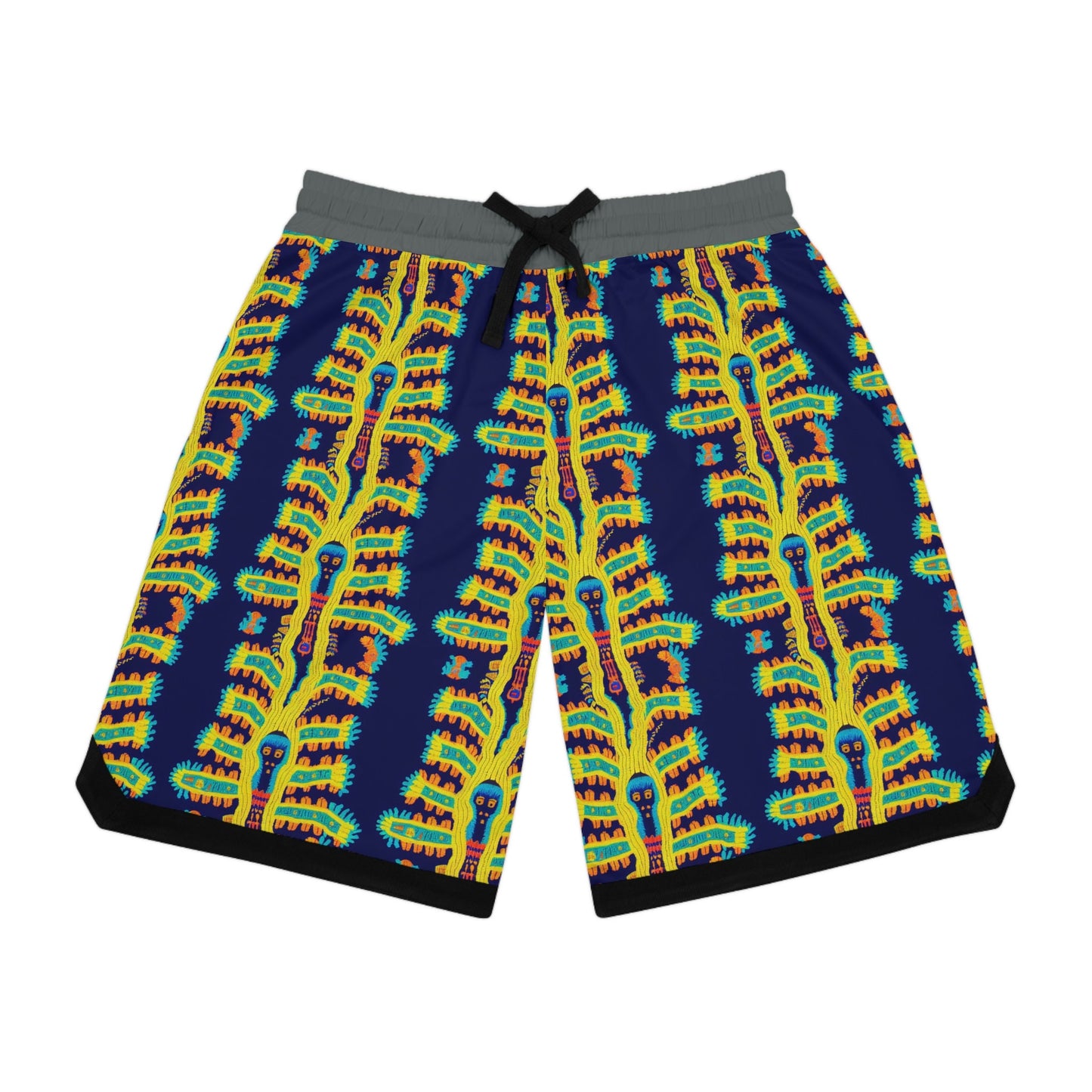 Cryptid Native Huichol Style Basketball Shorts, High Waisted Shorts, Streetwear Graphic Shorts, Polyester Athletic Shorts