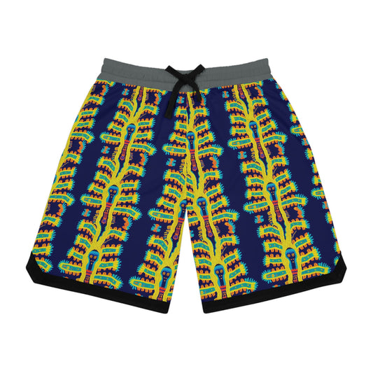 Cryptid Native Huichol Style Basketball Shorts, High Waisted Shorts, Streetwear Graphic Shorts, Polyester Athletic Shorts
