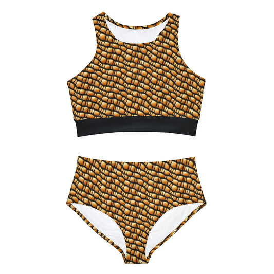 Linen High Waisted Bikini Set,Gila Monster Skin Sporty Bikini Set, Lizard Skin Print Girls Bikini, Two Piece Bikini, Summer Clothing