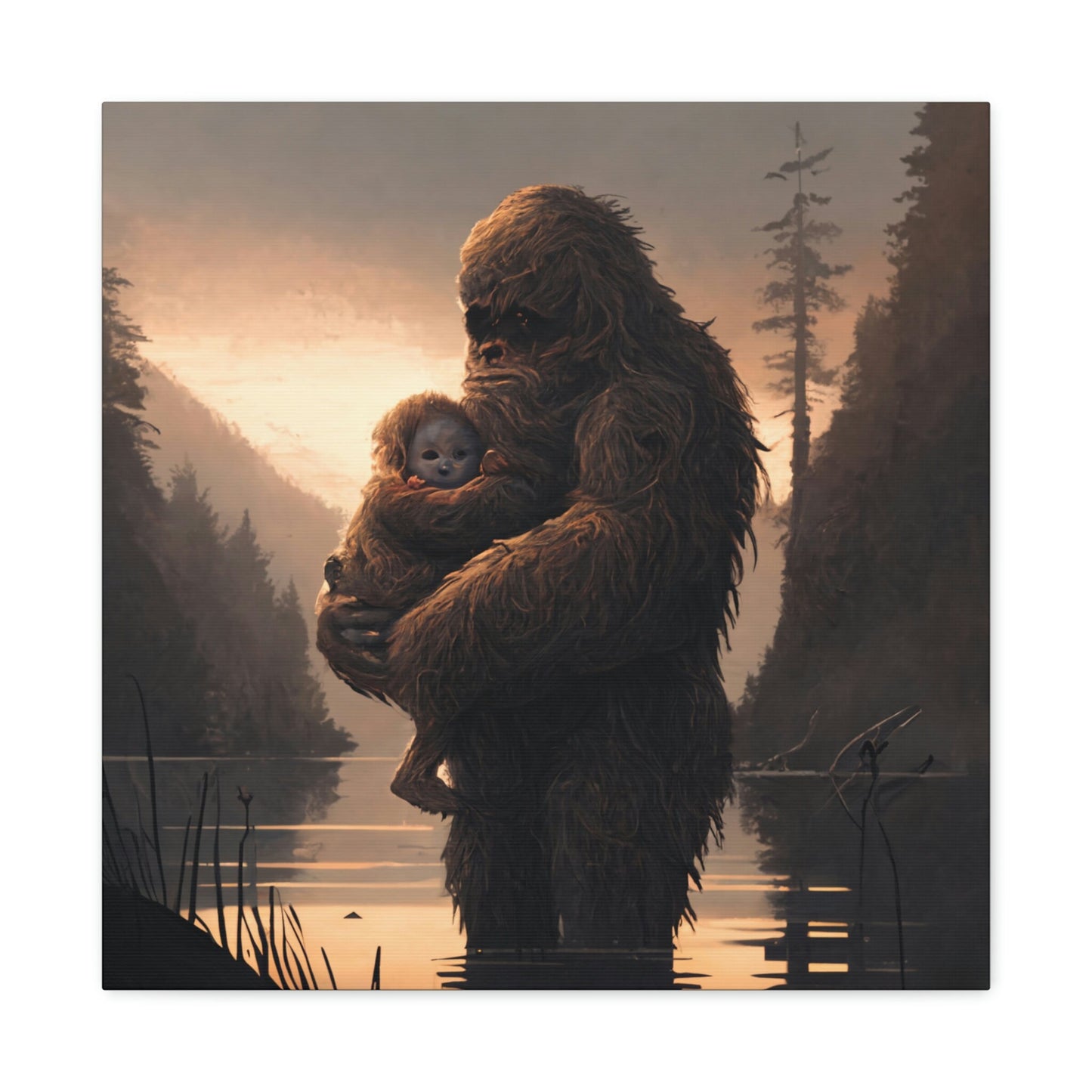 Sasquatch Mother and Child Wildlife Art, Sasquatch Bigfoot Canvas Wall Art, Sunset Animal Wall Art, Bigfoot Gift for Animal Lover