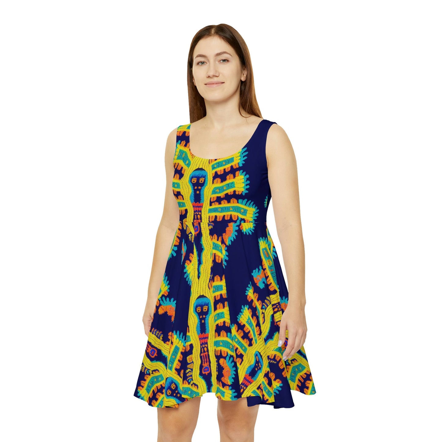 Cryptid Native Skater Dress, Huichol Style Skater Dress for Women, Handmade Mini Skater Dress, Sleeveless Summer Dress
