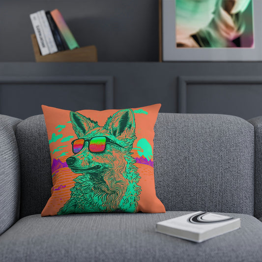 Coyote with Sunglasses Cushion, Forest Animals Square Pillow, Decorative Sofa Pillows, Farmhouse Couch Pillow
