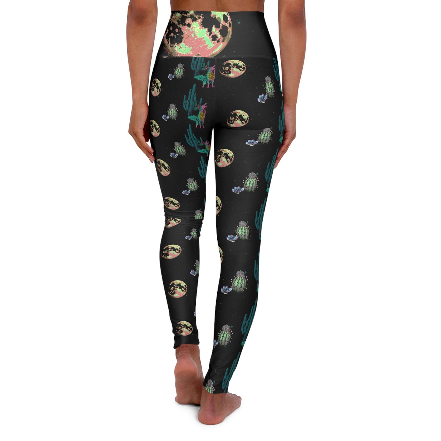 Coyote Space High Waist Leggings, Wolf Howling Leggings, Trippy Cactus Printed Leggings, Yoga Fitness Leggings