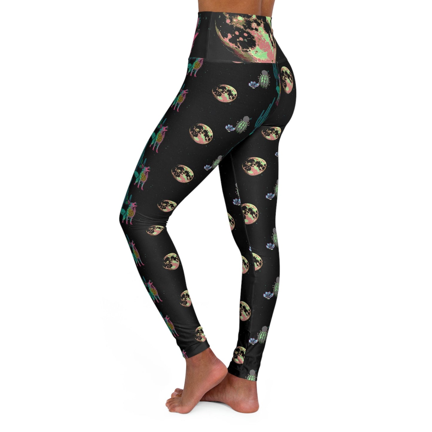 Coyote Space High Waist Leggings, Wolf Howling Leggings, Trippy Cactus Printed Leggings, Yoga Fitness Leggings