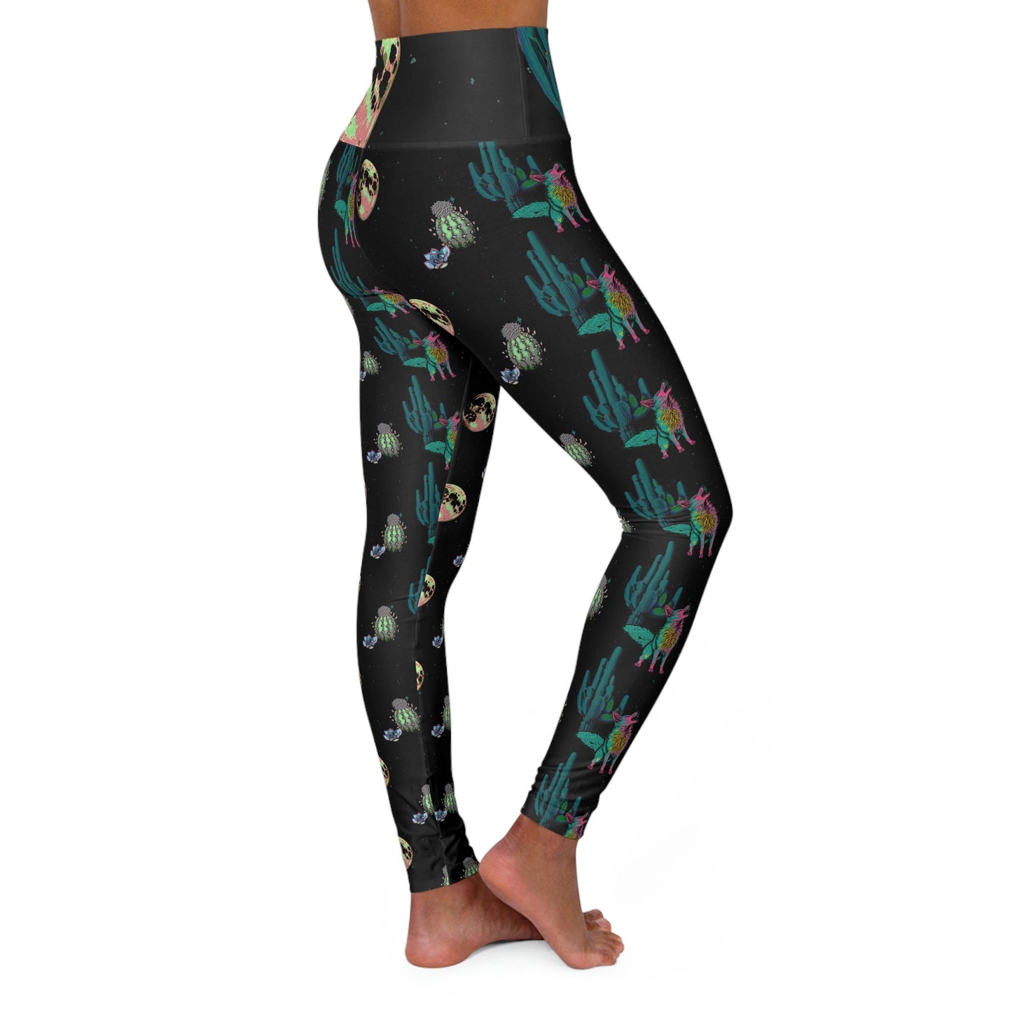 Coyote Space High Waist Leggings, Wolf Howling Leggings, Trippy Cactus Printed Leggings, Yoga Fitness Leggings