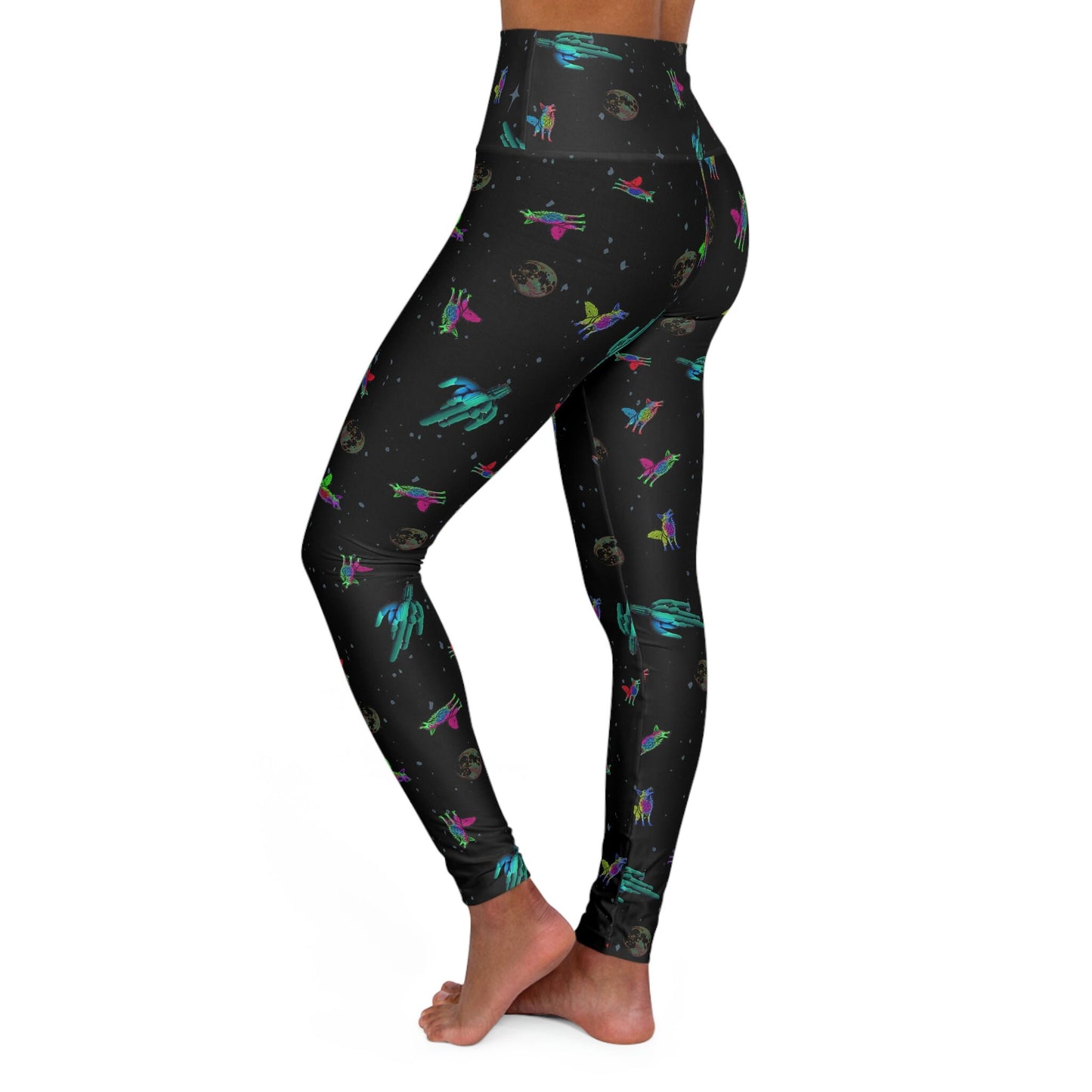 Coyote Space Cactus High Waist Leggings, Wolf Howling Printed Leggings, Moon Leggings, Yoga Fitness Leggings