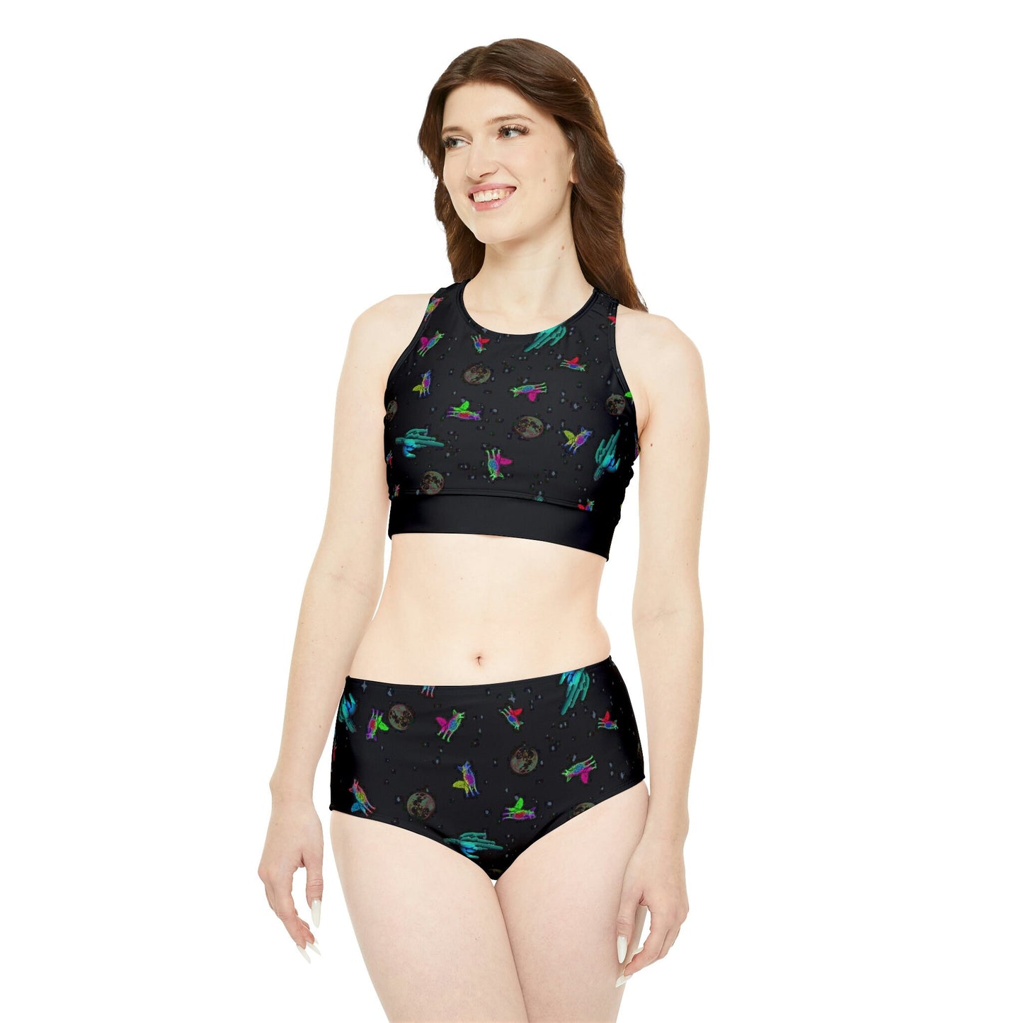 Space Print High Waisted Bikini Set, Coyote Sporty Bikini Set, Girls Summer Bikini, Two Piece Set Gift For Women