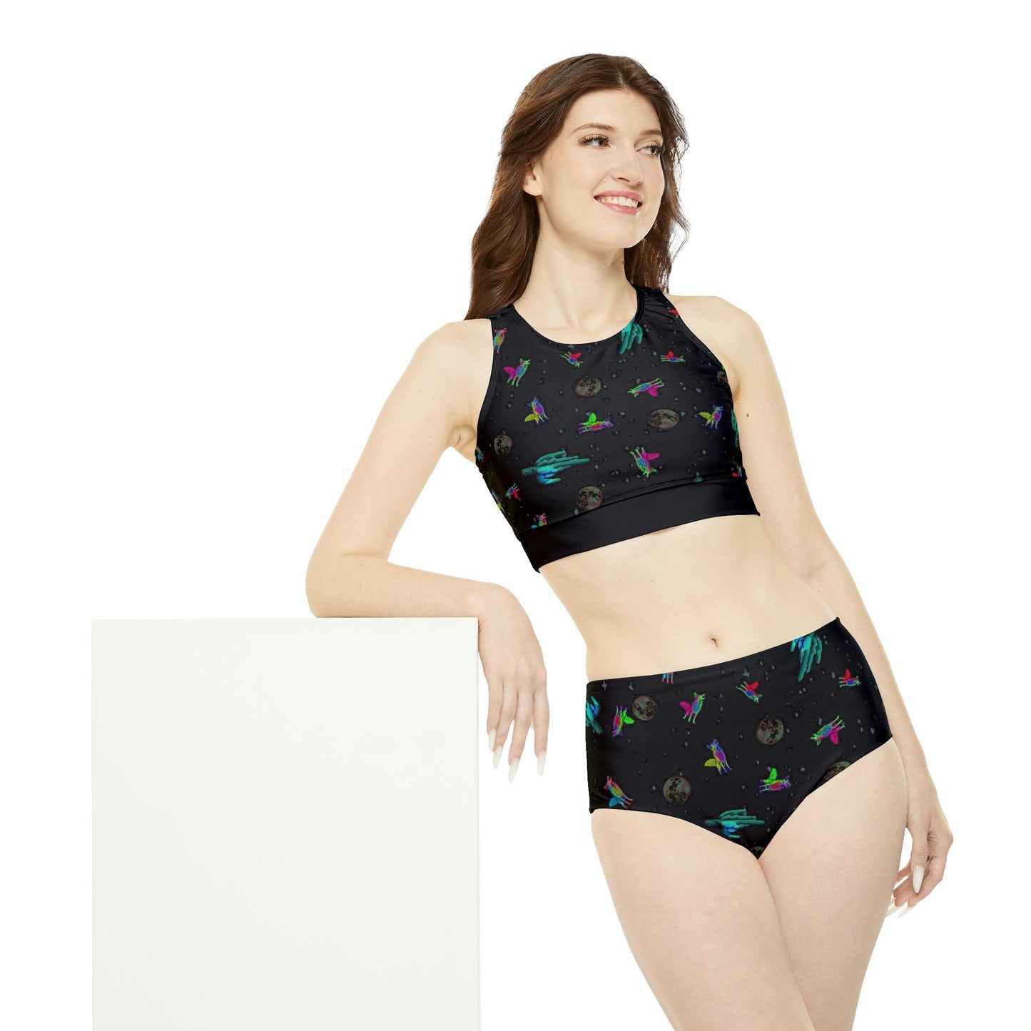 Space Print High Waisted Bikini Set, Coyote Sporty Bikini Set, Girls Summer Bikini, Two Piece Set Gift For Women