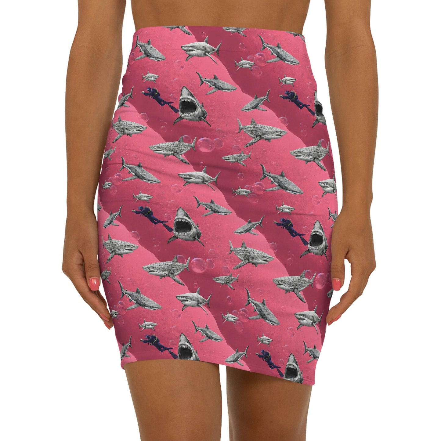 Shark Pencil Skirt, Forest Print Women's Skirt, Handmade Scuba Mini Skirt, Pink Sea Skirt, High Waist Skirt, Colorful Apparel