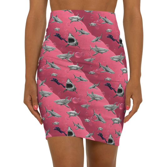 Shark Pencil Skirt, Forest Print Women's Skirt, Handmade Scuba Mini Skirt, Pink Sea Skirt, High Waist Skirt, Colorful Apparel