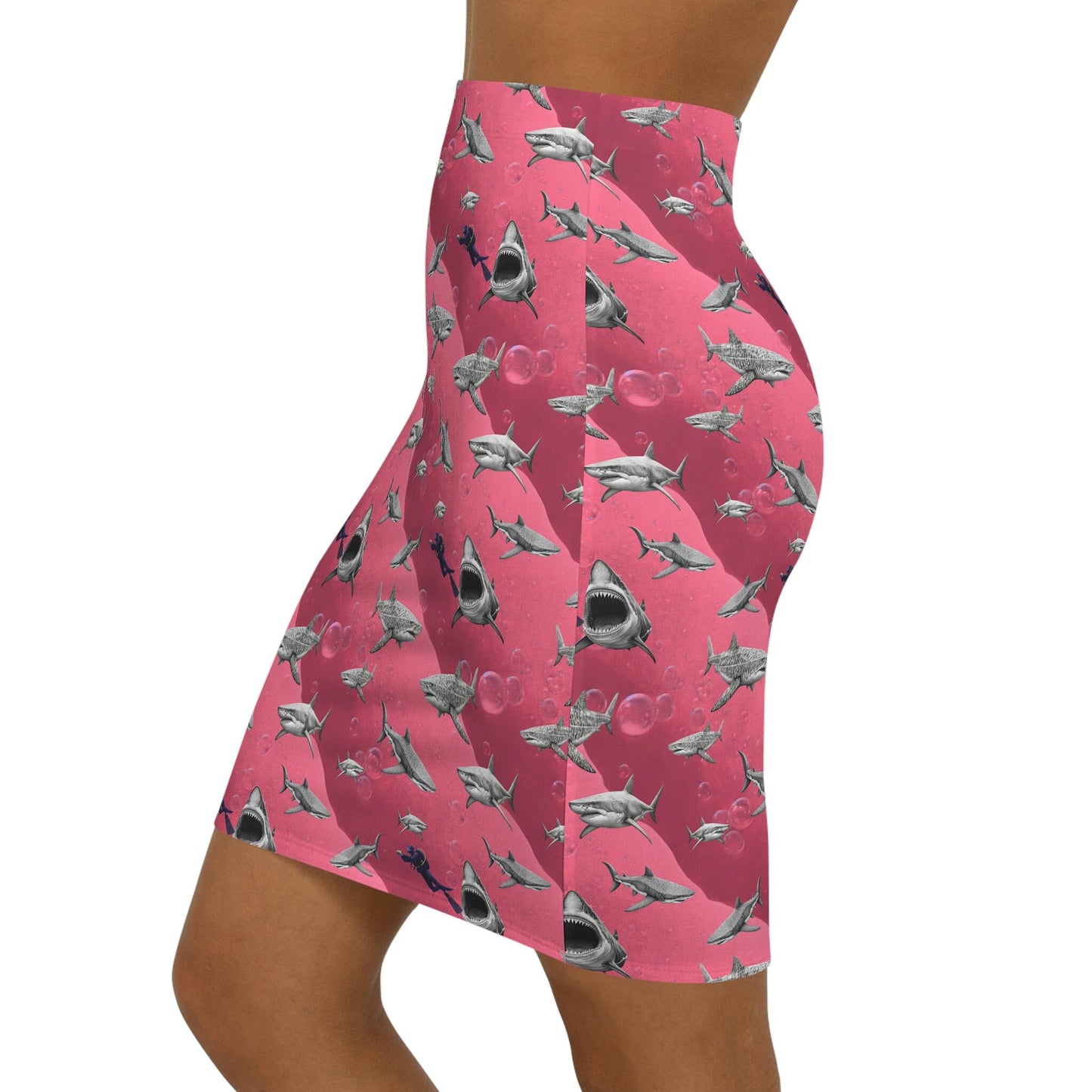 Shark Pencil Skirt, Forest Print Women's Skirt, Handmade Scuba Mini Skirt, Pink Sea Skirt, High Waist Skirt, Colorful Apparel
