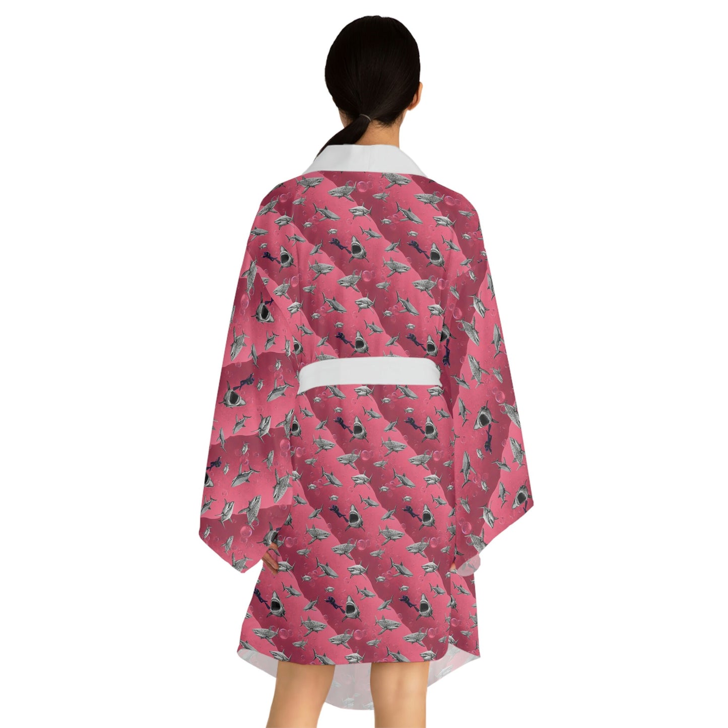 Pink Sea Shark Long Sleeve Kimono Robe, Shark Clothing Pink Kimono Robe, Boho Kimono Robe, Traditional Clothing Robe for Women