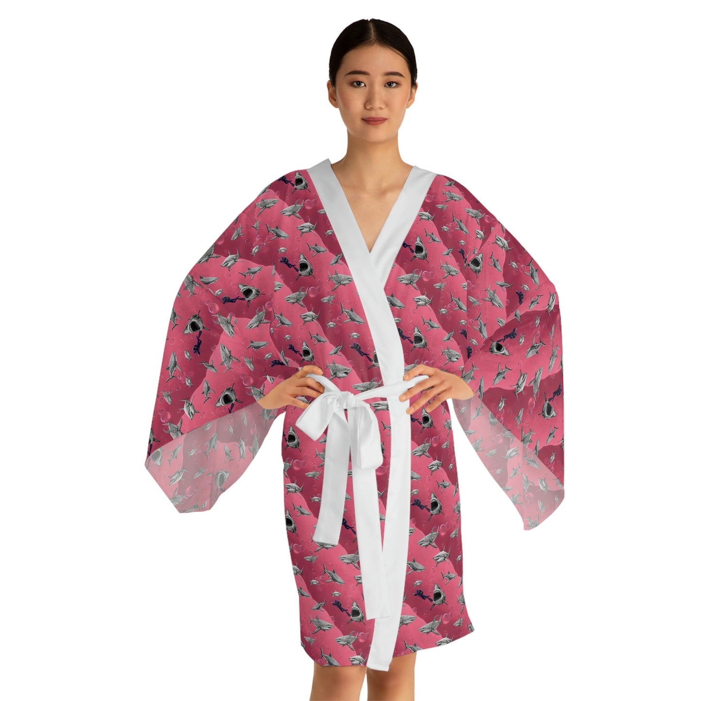 Pink Sea Shark Long Sleeve Kimono Robe, Shark Clothing Pink Kimono Robe, Boho Kimono Robe, Traditional Clothing Robe for Women