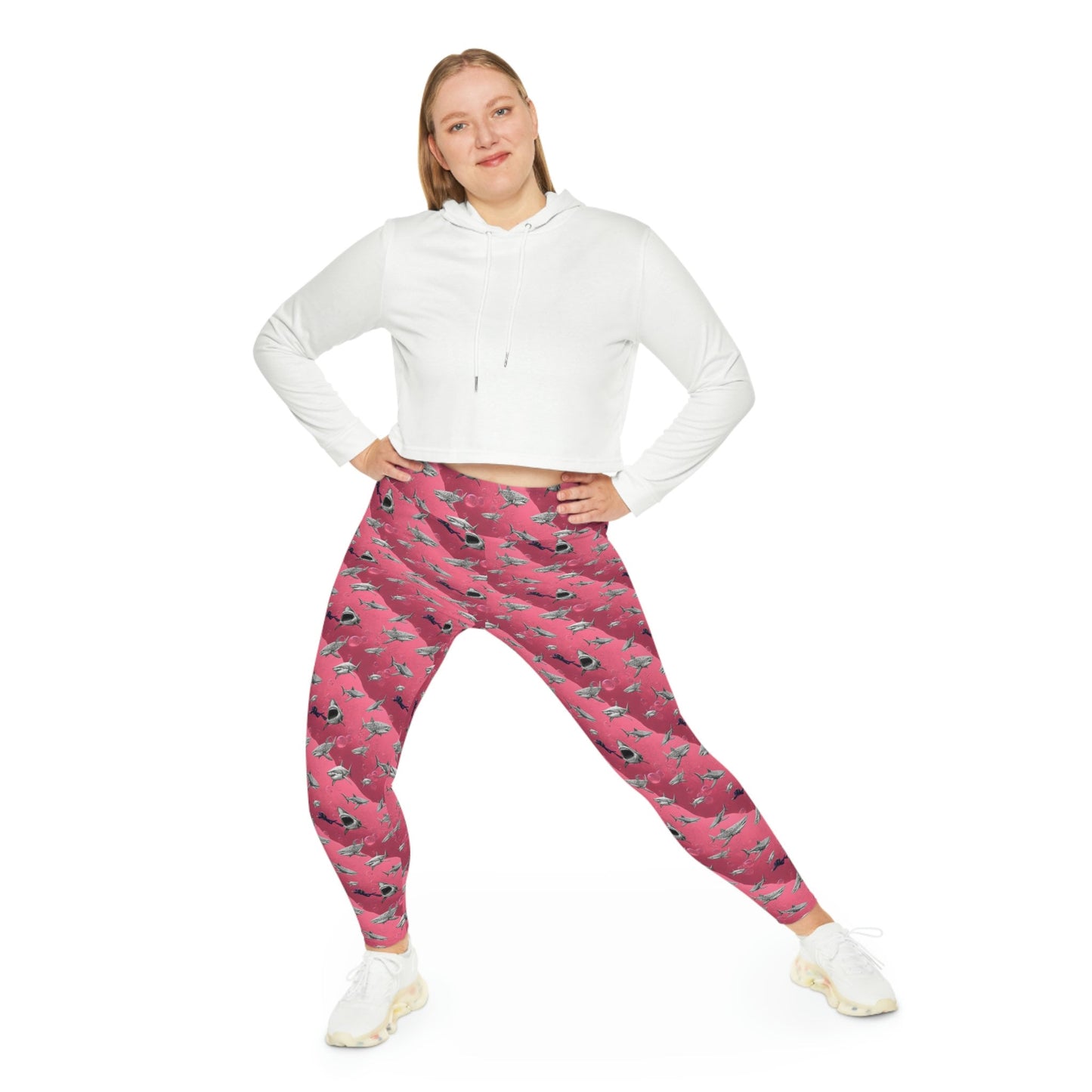 Shark Pink Sea Plus Size Leggings, Scuba Diving Printed Leggings, Swim Leggings, Yoga Fitness Leggings, Gym Leggings