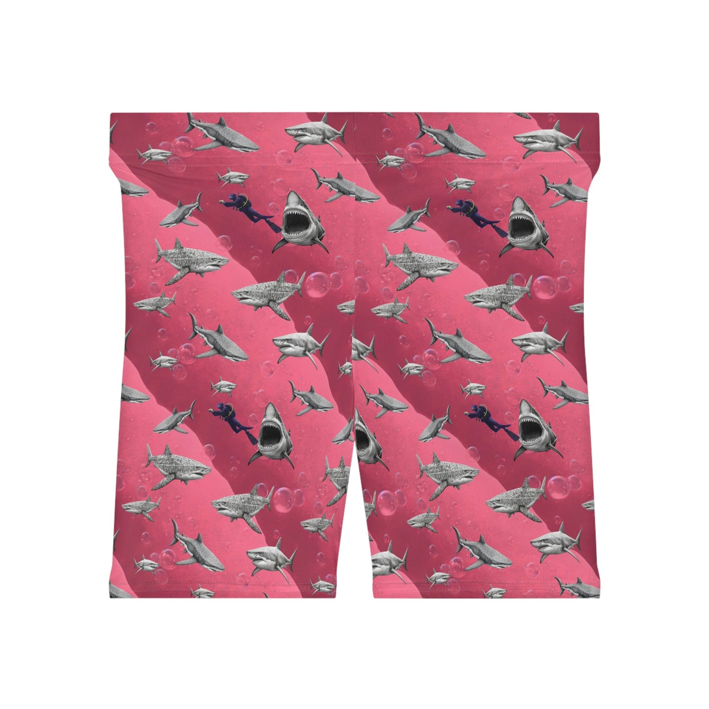 Pink Sea Shark Women Biker Shorts, Scuba Diving Graphic Shorts, Shark Clothing Gym Shorts, Sexy Booty Shorts, Pink Workout Shorts