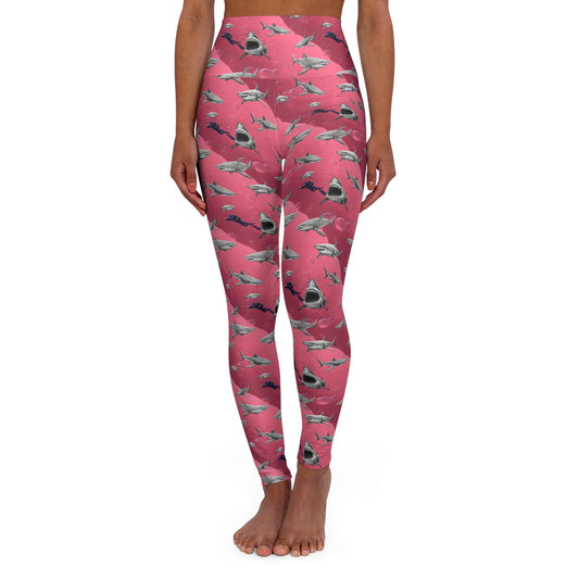 Shark Pink Sea Scuba High Waist Leggings, Printed Swim Leggings, Yoga Leggings, Fitness Leggings, Gym Leggings
