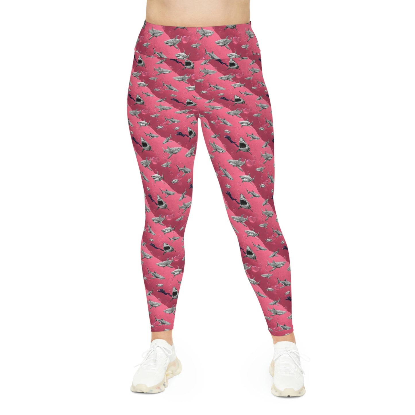 Shark Pink Sea Plus Size Leggings, Scuba Diving Printed Leggings, Swim Leggings, Yoga Fitness Leggings, Gym Leggings