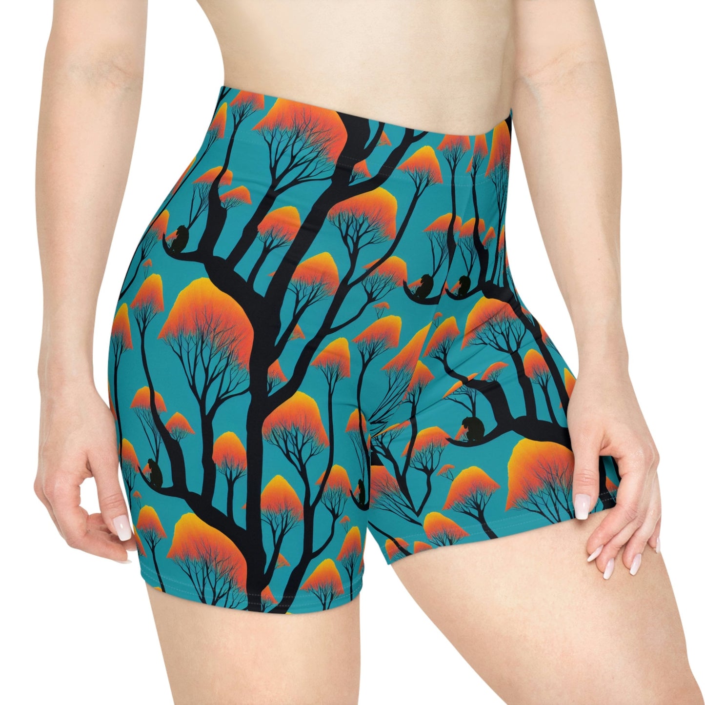 Ape Orange Forest Women Biker Shorts, Animal Clothing Graphic Shorts, Ape Clothing Gym Shorts, Sexy Booty Shorts