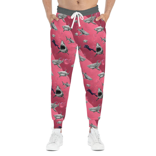 Pink Sea Shark Mens Joggers, Scuba Diving High Waisted Joggers, Pink Mens Yoga Pants, Athletic Clothing Streetwear Pants
