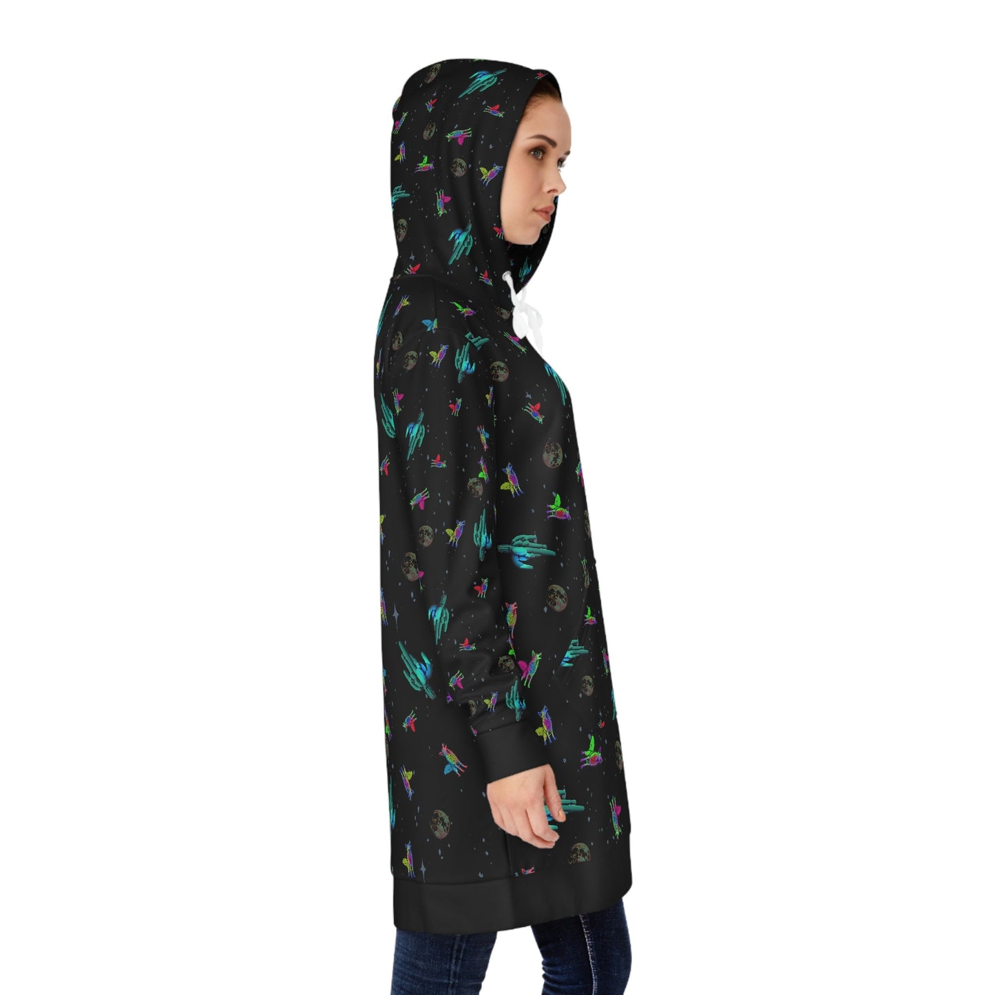 Animal Print Space Hoodie Dress, Coyote Cactus Womens Hoodie Dress, Oversized Hoodie With Pocket, Warm Dress