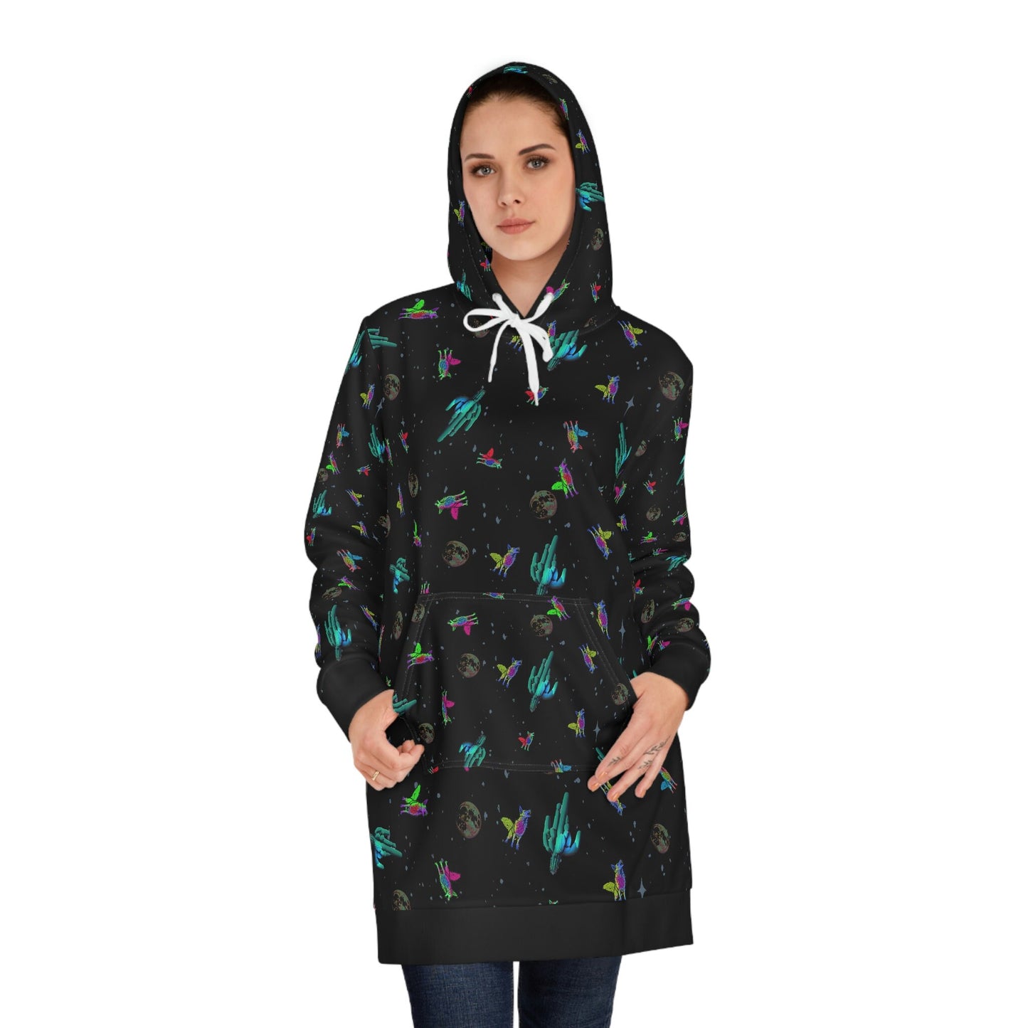 Animal Print Space Hoodie Dress, Coyote Cactus Womens Hoodie Dress, Oversized Hoodie With Pocket, Warm Dress