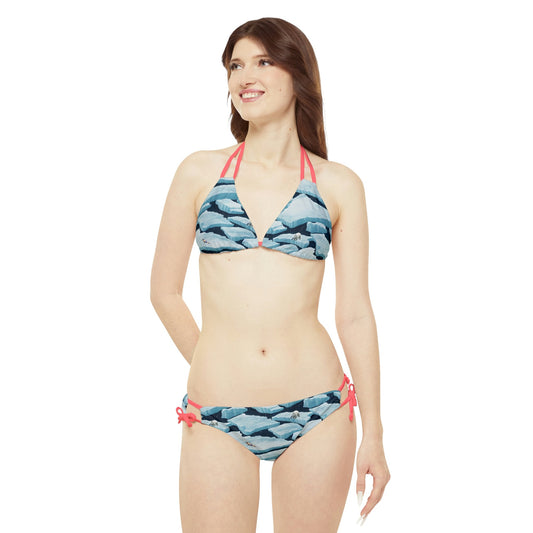Polar Bear Strappy Bikini, Icebergs High Waisted Bikini, Striped Teen Bikini, String Bikini Set, Handmade Bikini for Girls