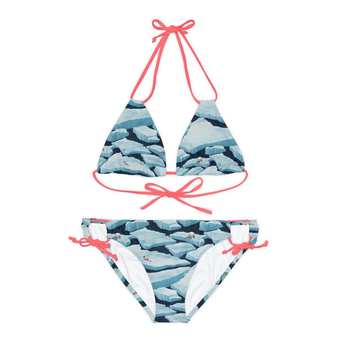 Polar Bear Strappy Bikini, Icebergs High Waisted Bikini, Striped Teen Bikini, String Bikini Set, Handmade Bikini for Girls