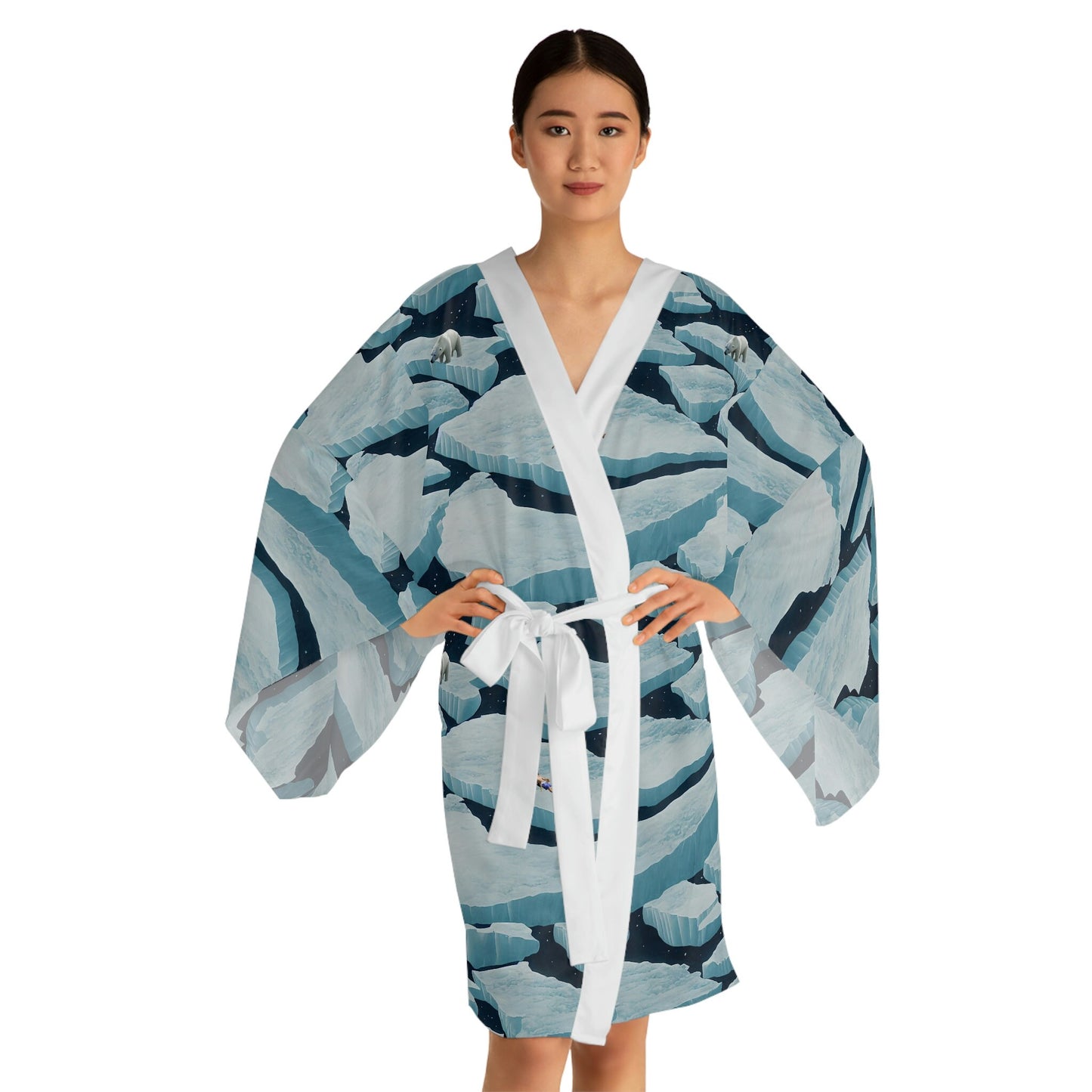 Polar Bear Long Sleeve Kimono Robe, Iceberg Clothing Boho Kimono Robe, Japanese Kimono Robe for Women, Traditional Clothing