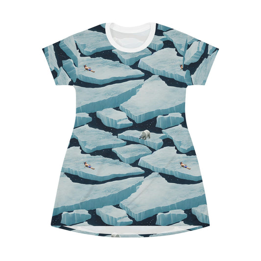 Polar Bear Shirt Dress, Iceberg Women Tshirt Dress, Oversized Aesthetic Clothing, Plus Size Comfy Shirt Summer Dress