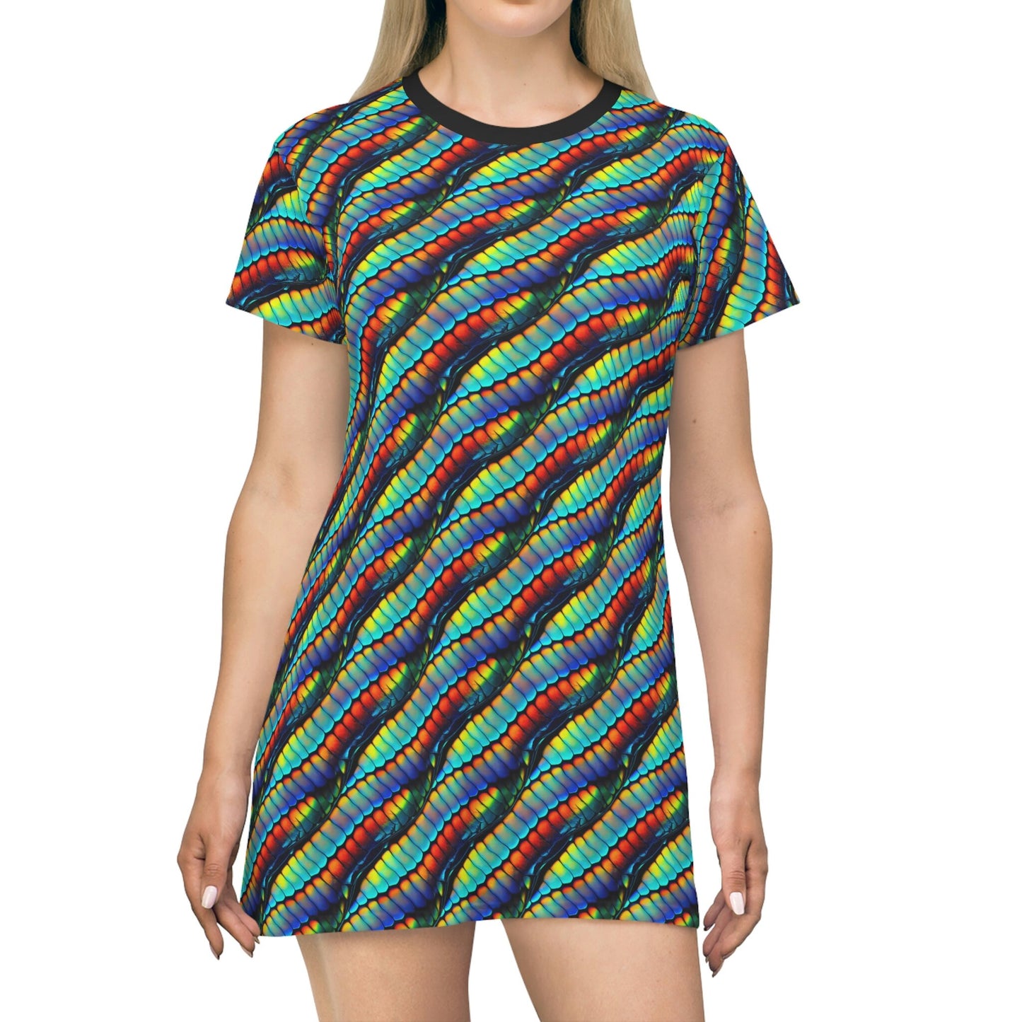 Rainbow Shirt Dress, Colorful Scales Oversized Women Tshirt Dress, Short Sleeve Rainbow Dress Women, Summer Clothing