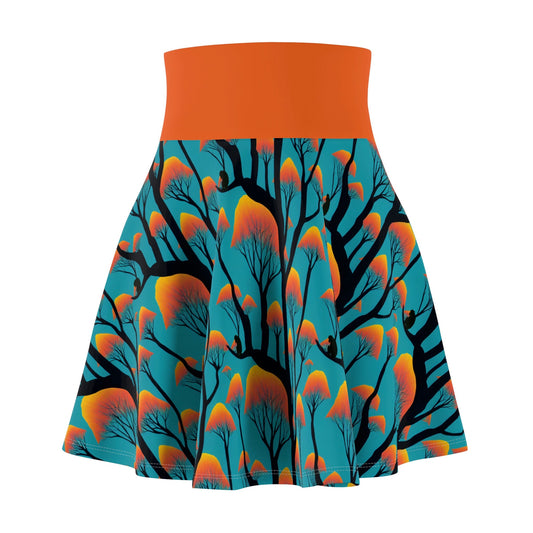 Orange Forest Skater Skirt, Forest Print Women's Skirt, Handmade Skirt, Orange Spandex Skirt, High Waist Skirt, Colorful Apparel