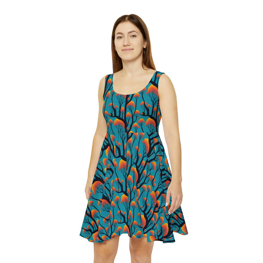 Orange Forest Skater Dress, Forest Print Dress, Orange Tank Dress, Colorful Teen Skater Dress for Women, Sleeveless Teen Dress