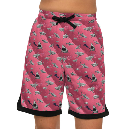 Pink Sea Shark Basketball Shorts, Scuba Diving High Waisted Shorts, Shark Clothing Graphic Shorts, Gym Shorts Men, Athletic Shorts