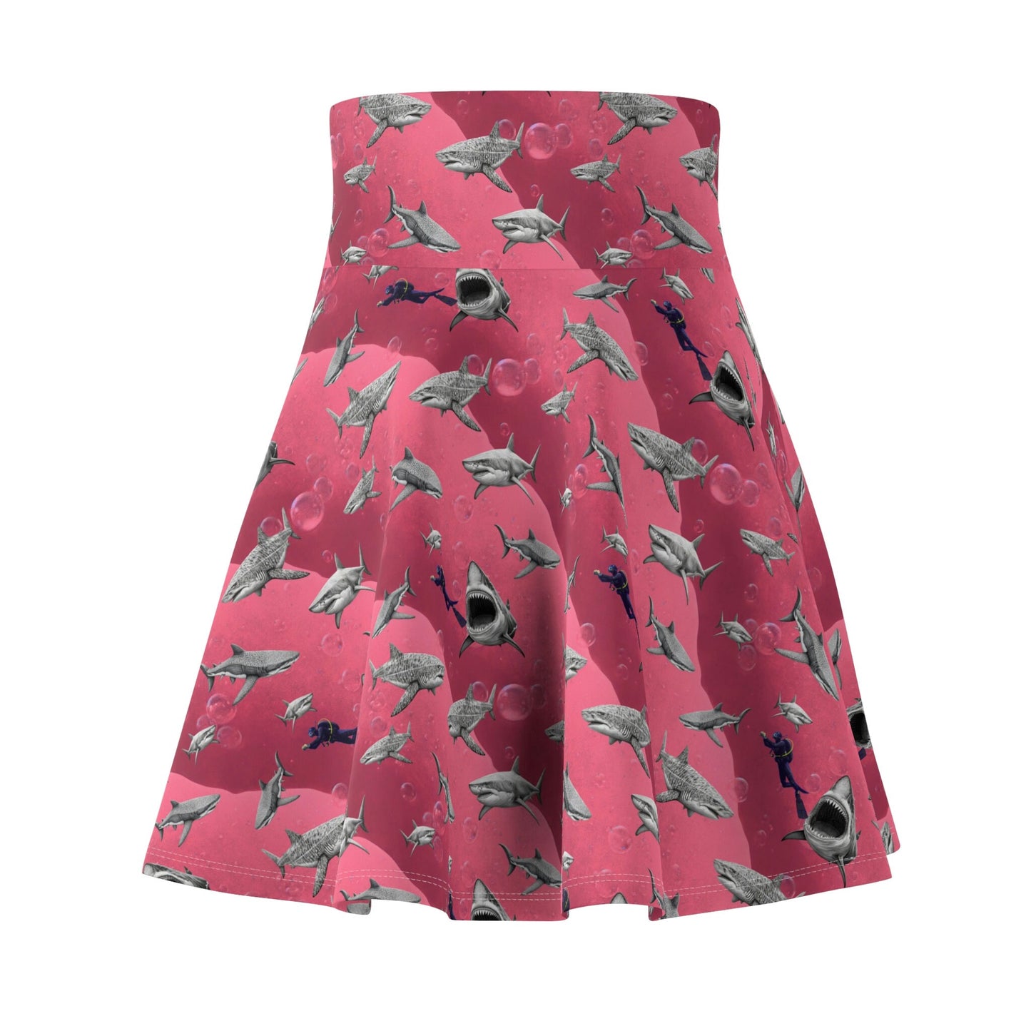 Shark Skater Skirt, Forest Print Women's Skirt, Handmade Scuba Skirt, Pink Sea Skirt, High Waist Skirt, Colorful Apparel