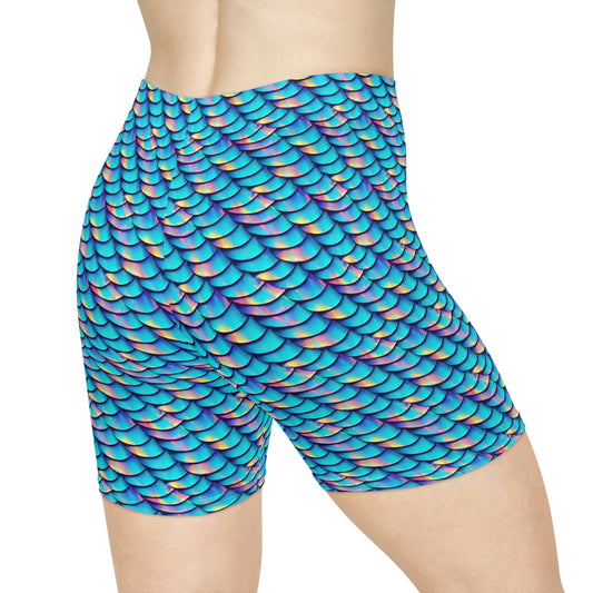 Iridescent Scales Women Biker Shorts, Mermaid Clothing Workout Shorts, Gym Shorts, Summer Sexy Booty Shorts, Blue Shorts