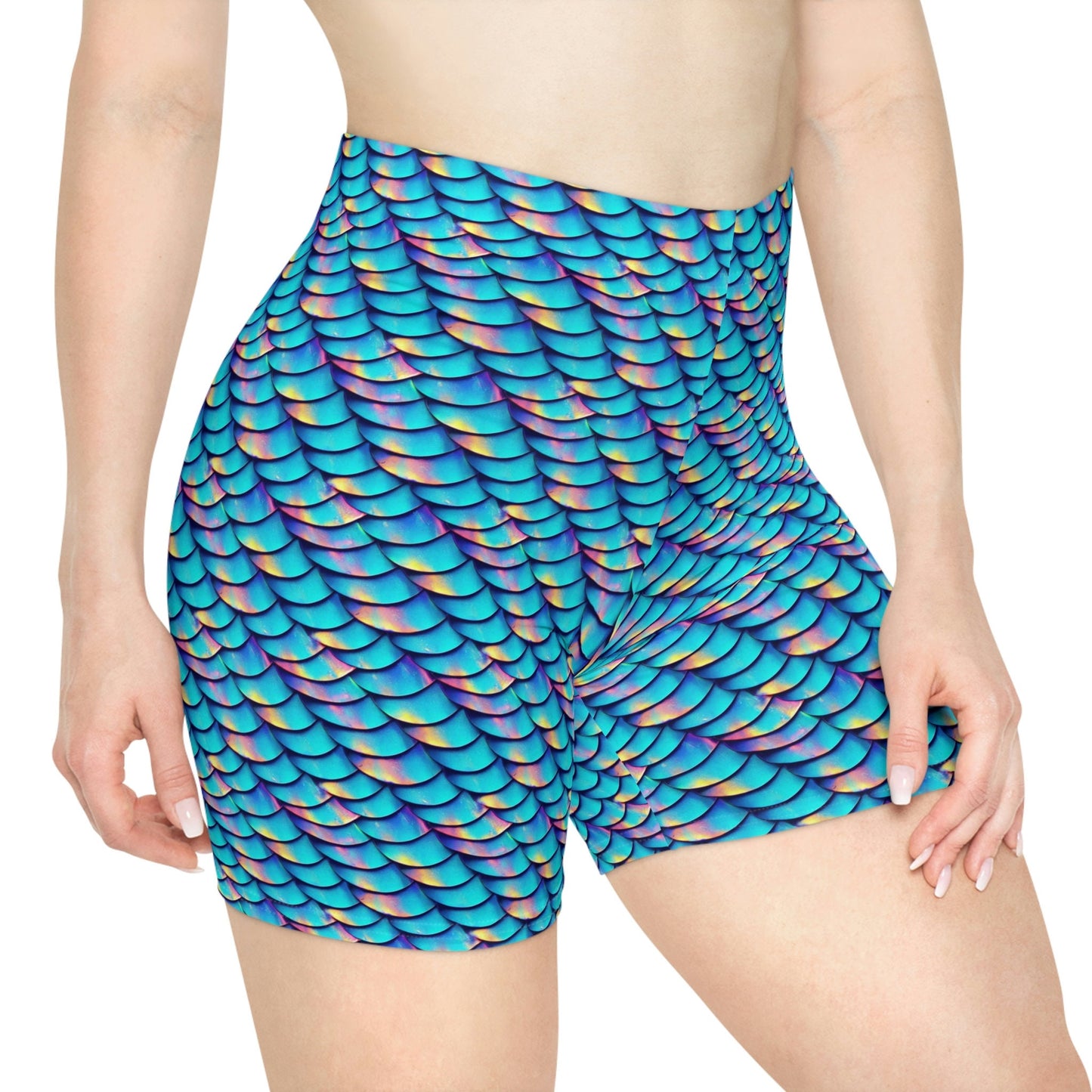 Iridescent Scales Women Biker Shorts, Mermaid Clothing Workout Shorts, Gym Shorts, Summer Sexy Booty Shorts, Blue Shorts