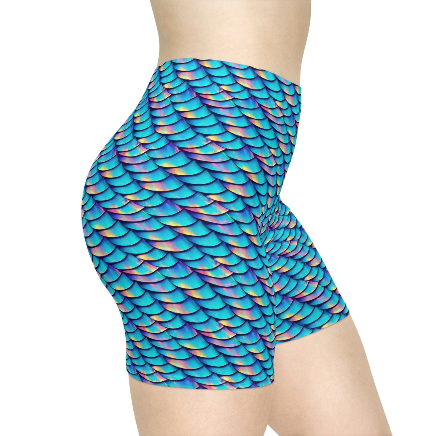 Iridescent Scales Women Biker Shorts, Mermaid Clothing Workout Shorts, Gym Shorts, Summer Sexy Booty Shorts, Blue Shorts