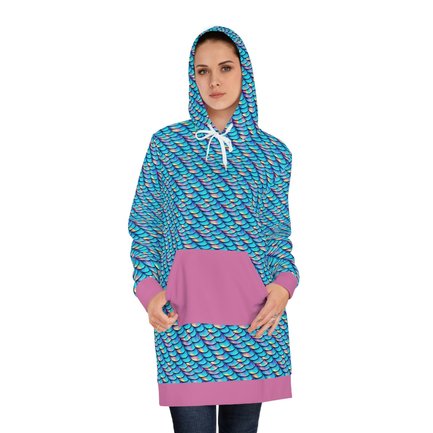 Iridescent Scales Streetwear Hoodie Dress, Aesthetic Womens Hoodie Dress, Oversized Hoodie With Pocket, Comfy Winter Hoodie