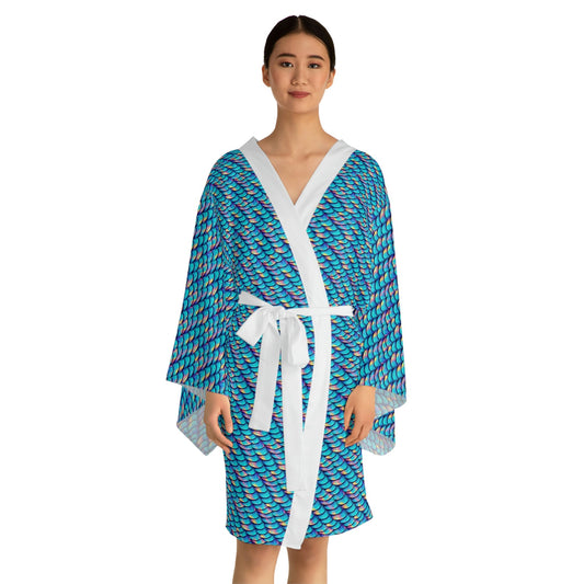 Iridescent Scales Long Sleeve Kimono Robe, Mermaid Clothing Boho Kimono Robe, Japanese Kimono Robe for Women, Mermaid Kimono