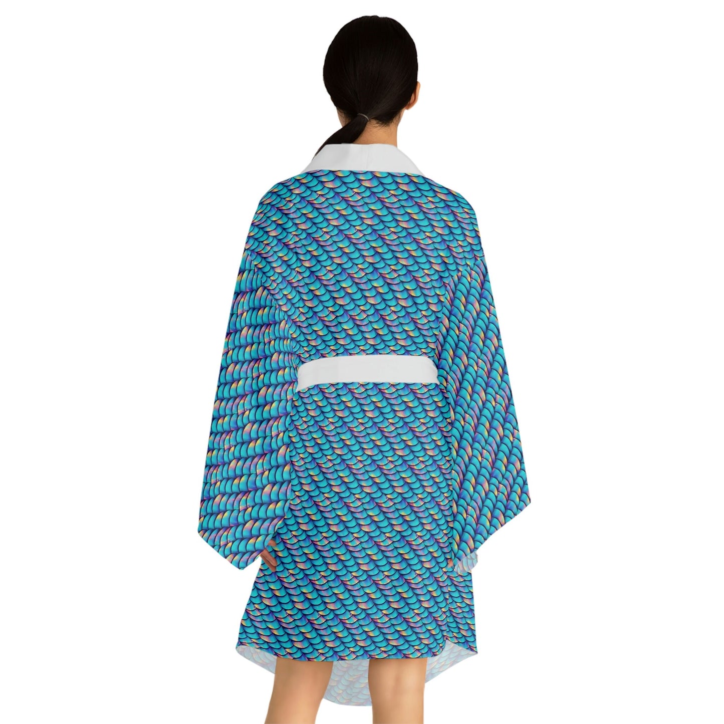 Iridescent Scales Long Sleeve Kimono Robe, Mermaid Clothing Boho Kimono Robe, Japanese Kimono Robe for Women, Mermaid Kimono