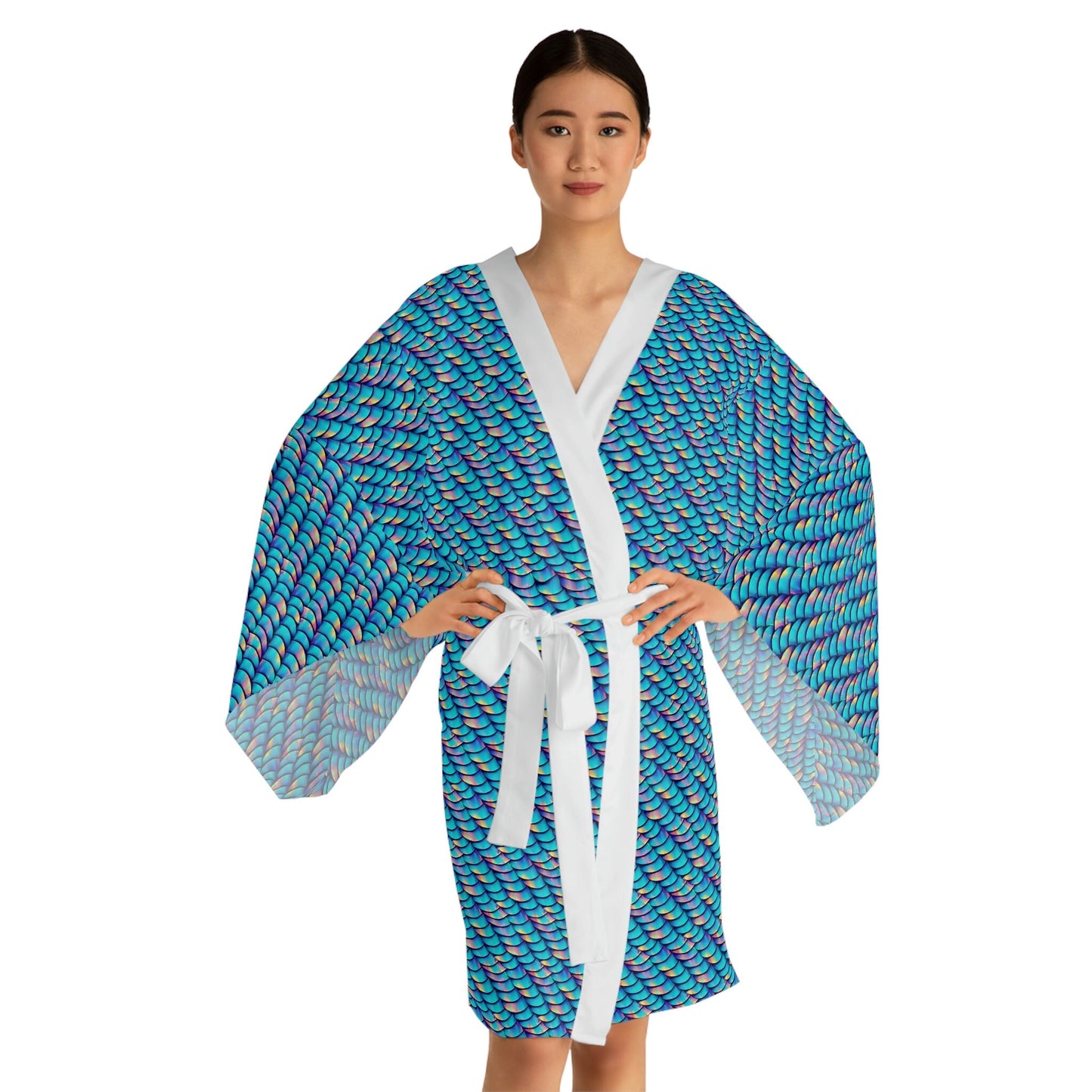 Iridescent Scales Long Sleeve Kimono Robe, Mermaid Clothing Boho Kimono Robe, Japanese Kimono Robe for Women, Mermaid Kimono