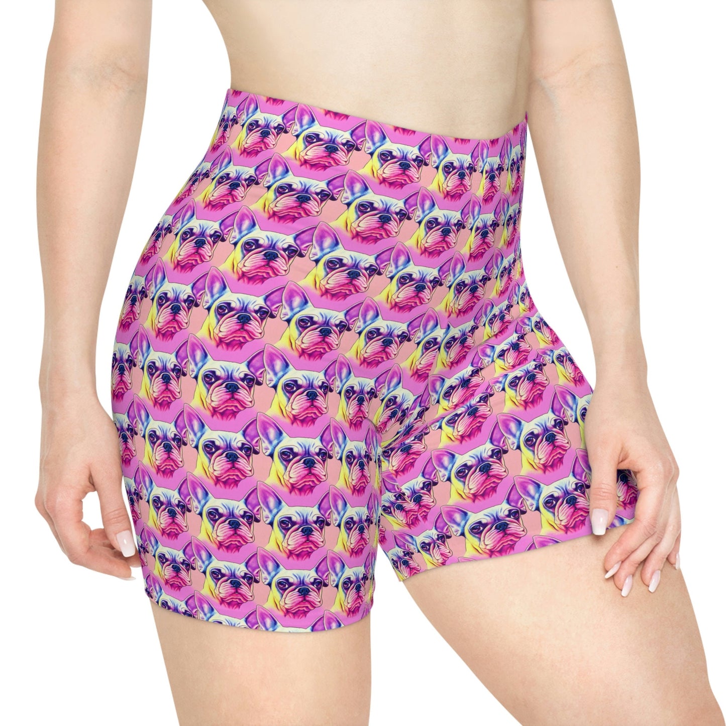 Pink French Bulldog Women Biker Shorts, Frenchie Clothing Workout Shorts, Animal Clothing Gym Shorts, Sexy Booty Shorts