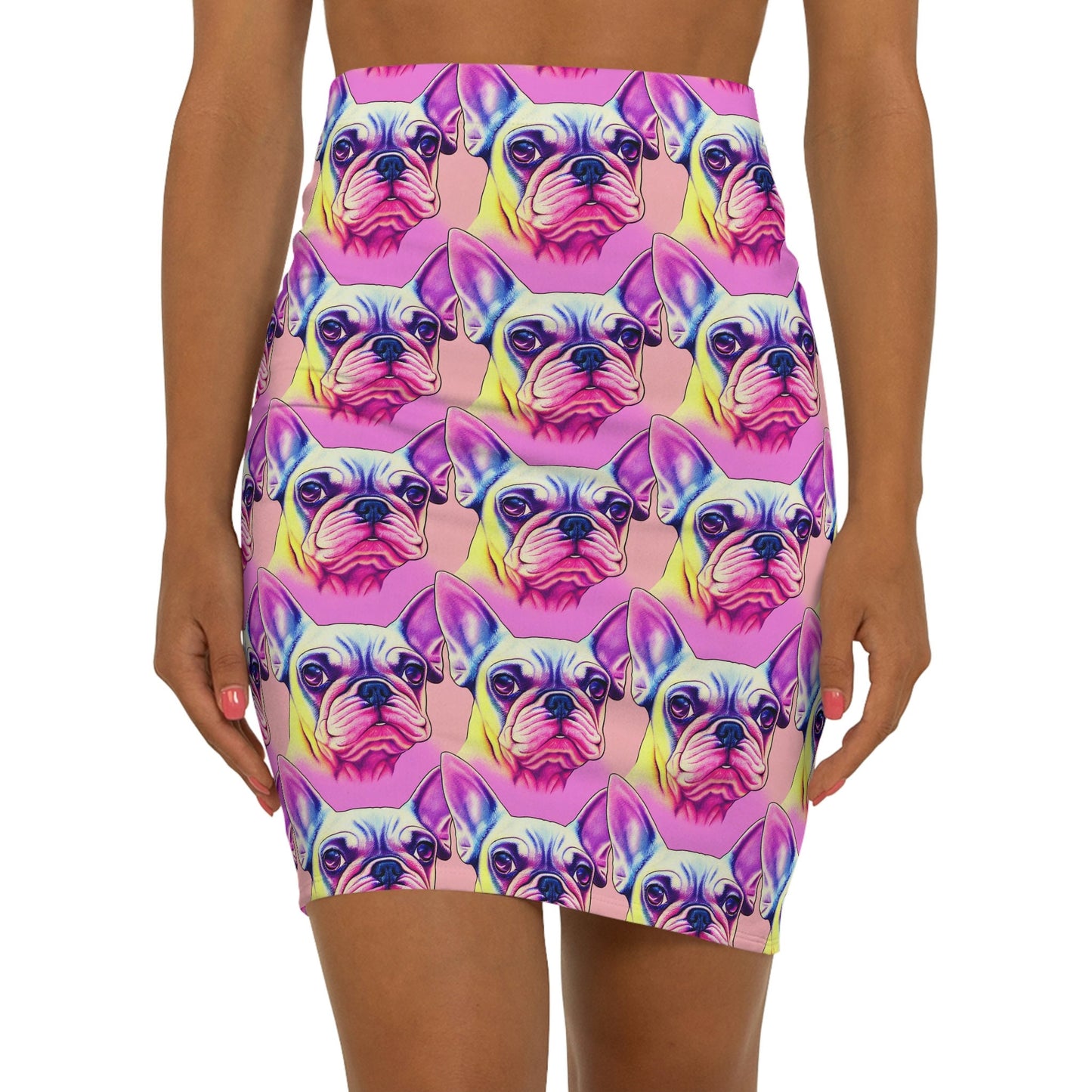 French Bulldog Pencil Skirt, Animal Print Mini Skirt, High Waist Skirt, Handmade Pop Art Skirt, Colorful Dog Apparel