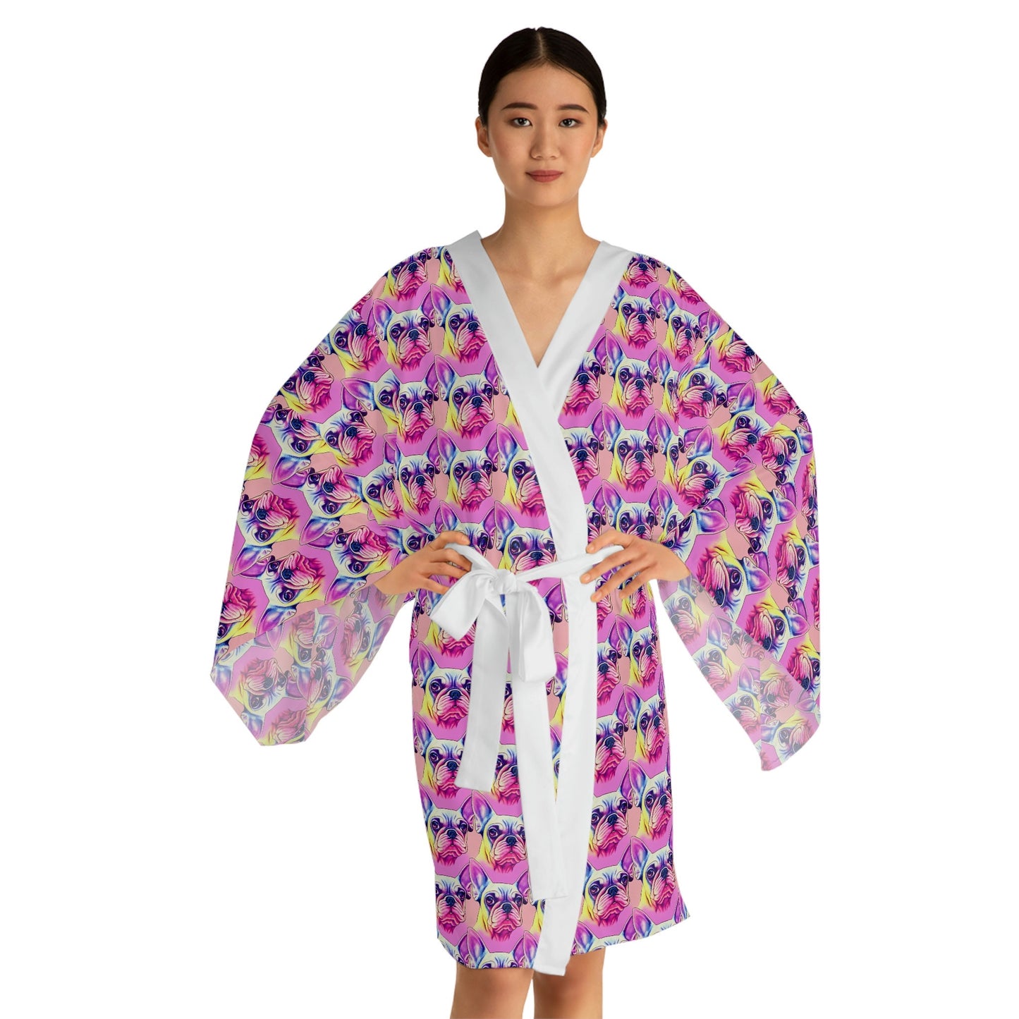 French Bulldog Long Sleeve Kimono Robe, Frenchie Clothing Boho Kimono Robe, Japanese Kimono Robe for Women, Traditional Clothing