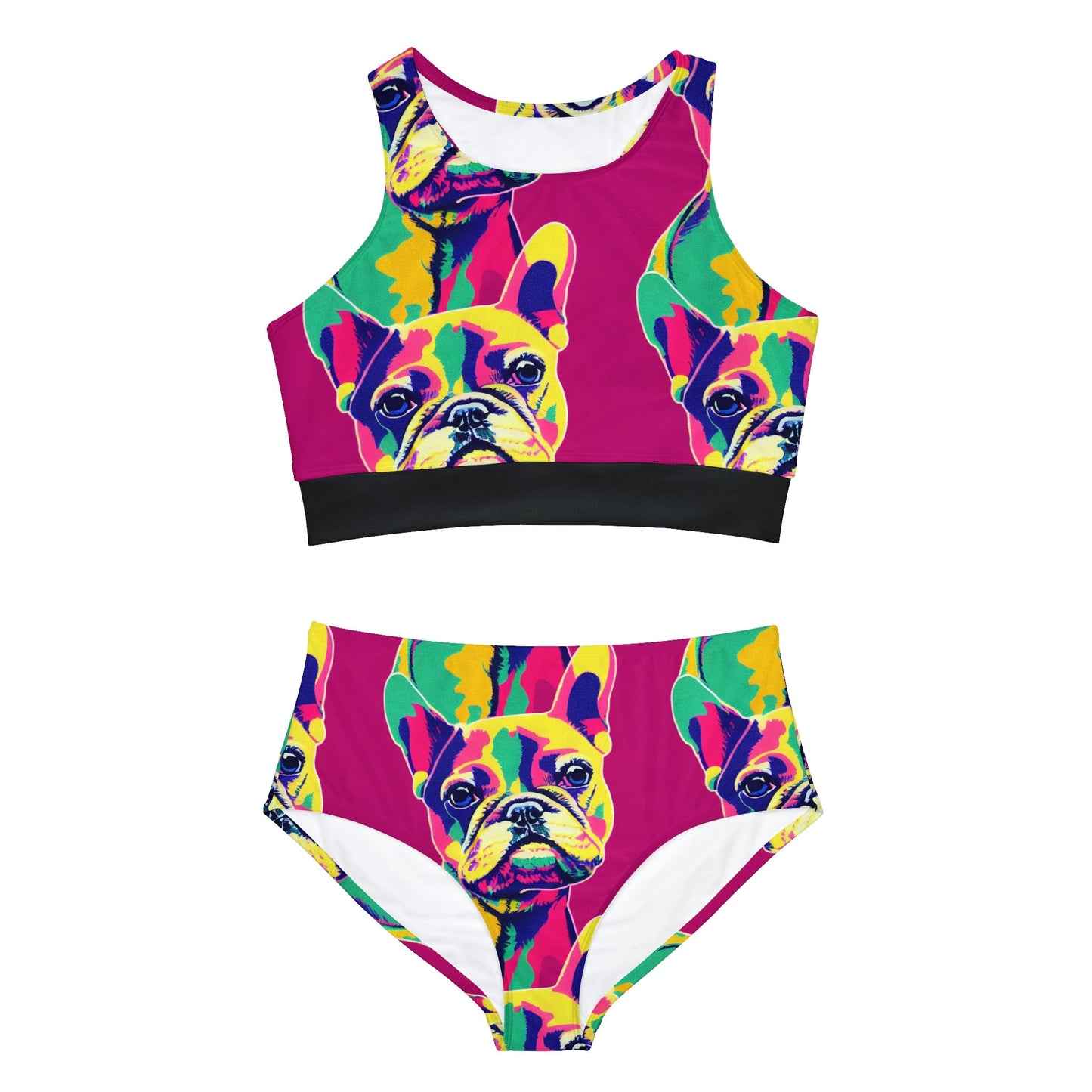 Dog Print Girls Bikini Set, French Bulldog Sporty Bikini Set, High Waisted Bikini Sexy Bikini, Two Piece Plus Size Bikini