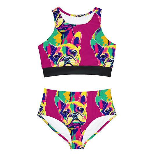 Dog Print Girls Bikini Set, French Bulldog Sporty Bikini Set, High Waisted Bikini Sexy Bikini, Two Piece Plus Size Bikini