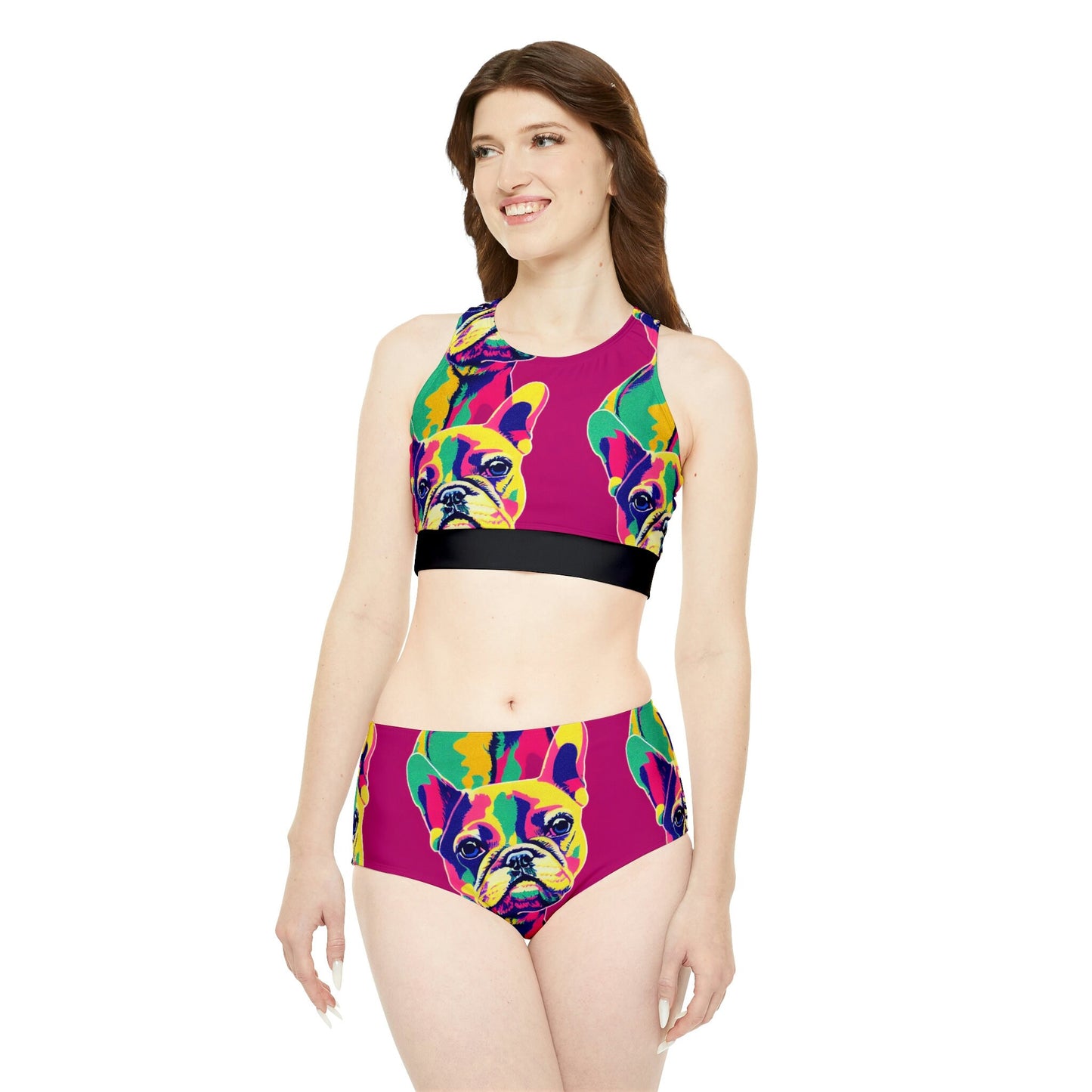 Dog Print Girls Bikini Set, French Bulldog Sporty Bikini Set, High Waisted Bikini Sexy Bikini, Two Piece Plus Size Bikini