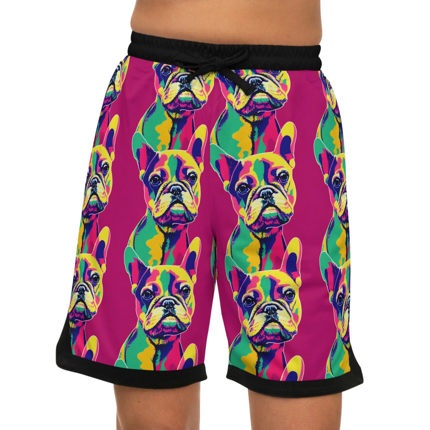 French Bulldog Pop Art Basketball Shorts, Pink High Waisted Shorts, Frenchie Clothing Graphic Shorts, Gym Shorts Men