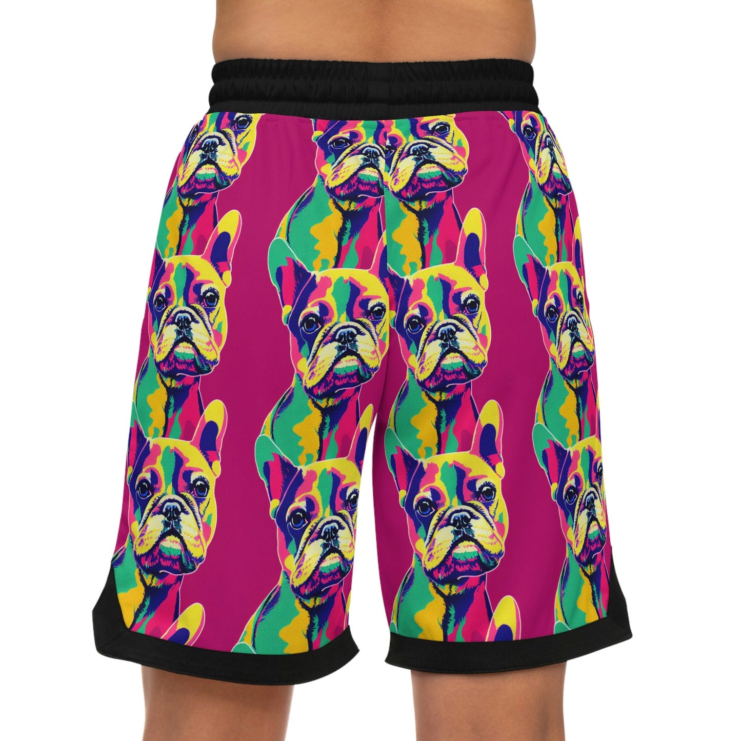French Bulldog Pop Art Basketball Shorts, Pink High Waisted Shorts, Frenchie Clothing Graphic Shorts, Gym Shorts Men
