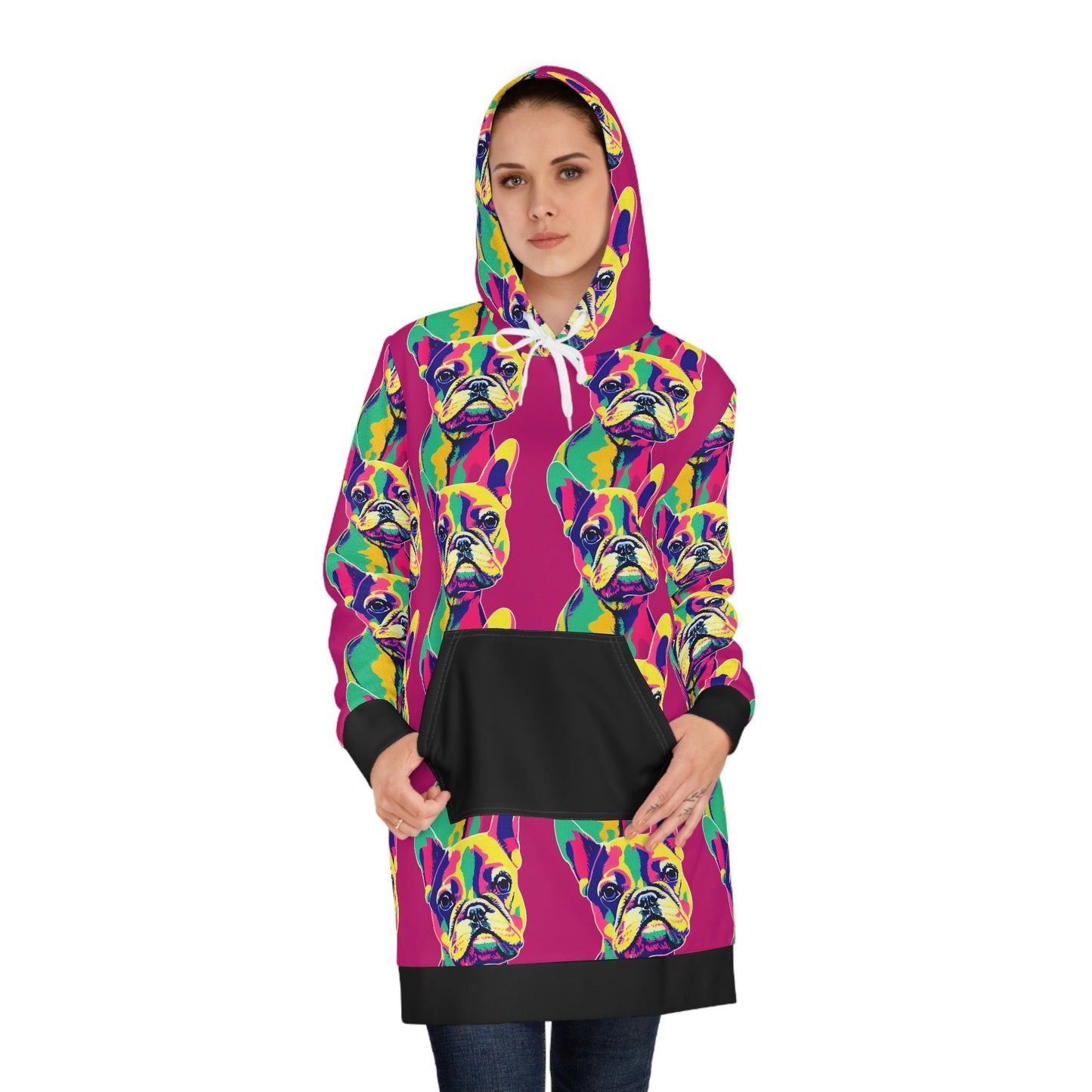French Bull Dog Hoodie Dress, Frenchie Pop Art Dog Lover Hoodie Dress, Plus Size Womens Hoodie, Winter Clothing  Dog Lover Gift